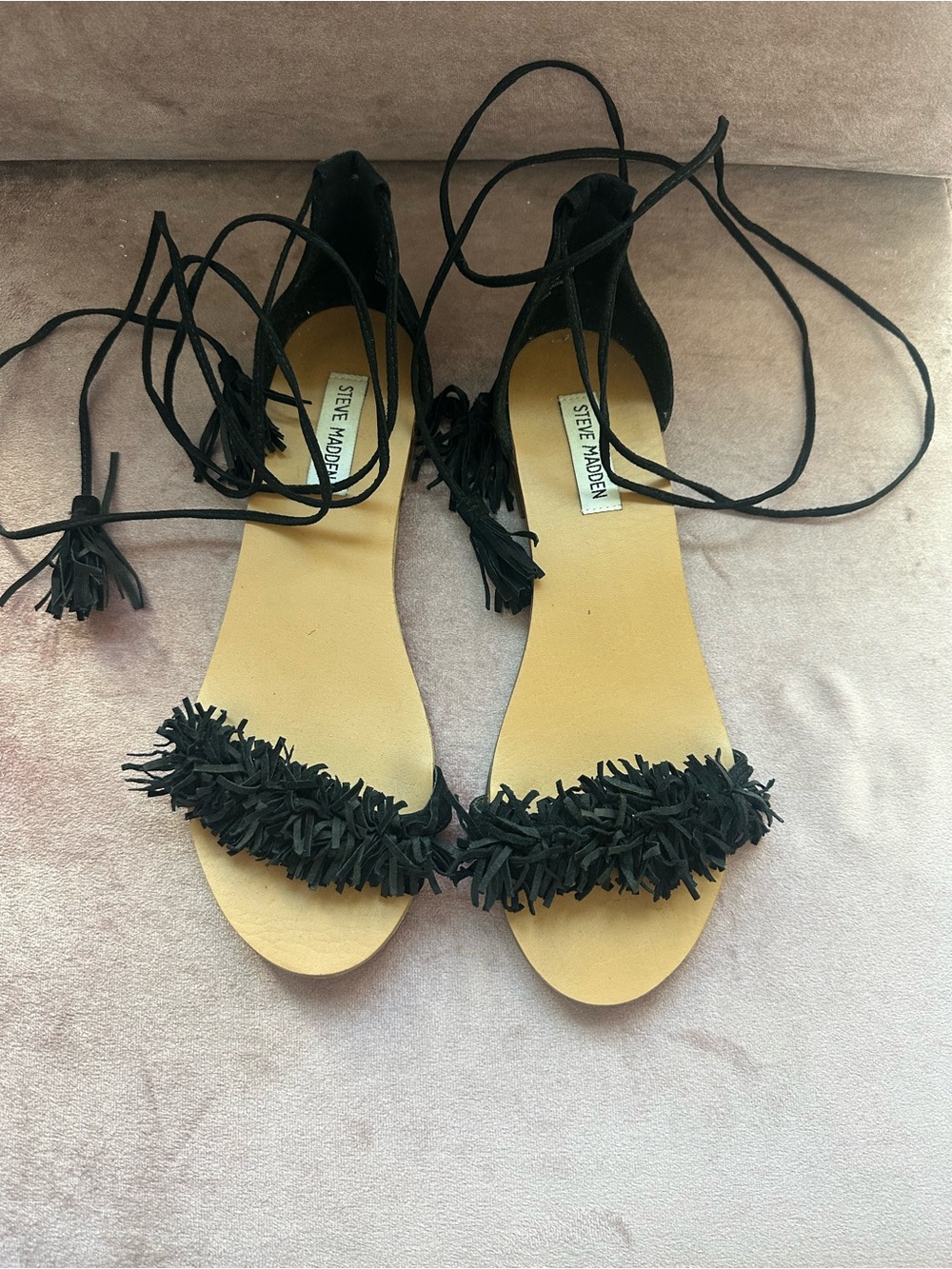Steve Madden Black Fringe Lace-Up Sandals